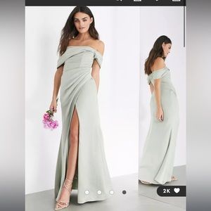NWT ASOS EDITION satin bardot drape wrap maxi dress in sage green size 12